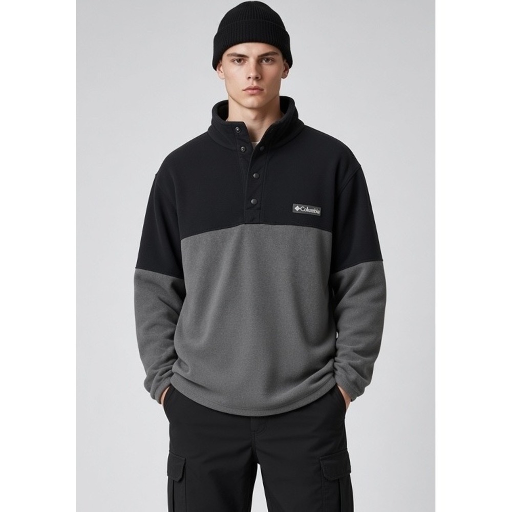 Columbia Mens Large Fleece Snap Neck Pullover Colorblock Black Grey